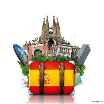 Picture of Spain landmarks Madrid and Barcelona travel suitcase